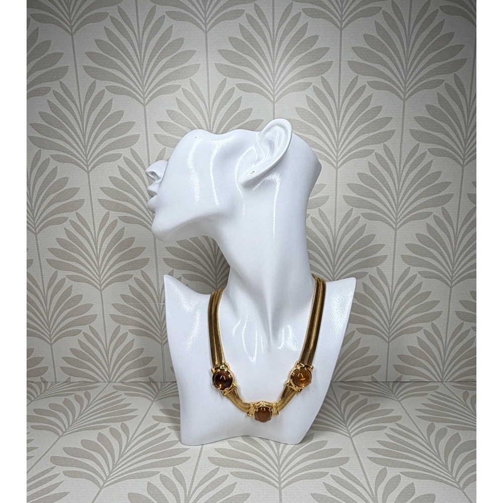 Vintage Monet Gold Tone Double Herringbone Chain Amber Cabochon Necklace 70s